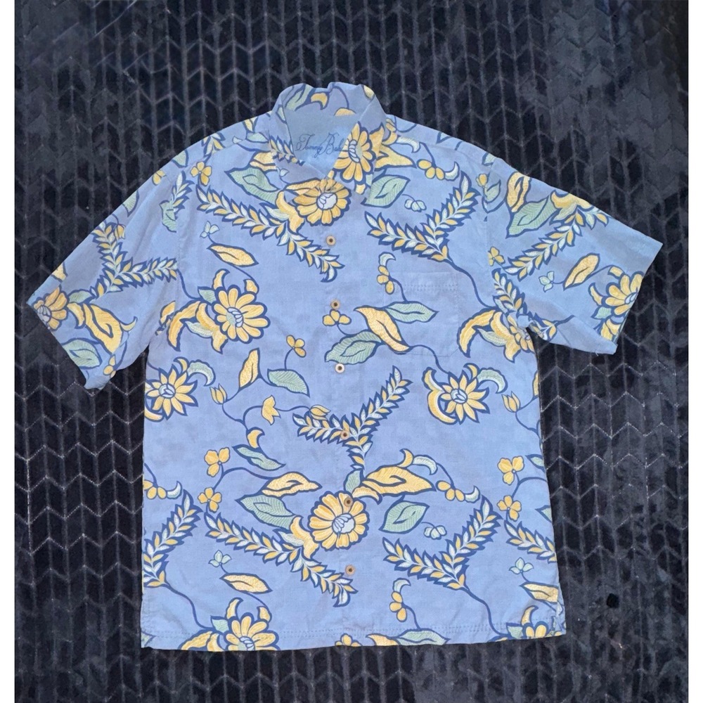 Tommy Bahama Hawaiian‎ Floral Silk Blue Yellow Short Sleeve Button Up Size L
